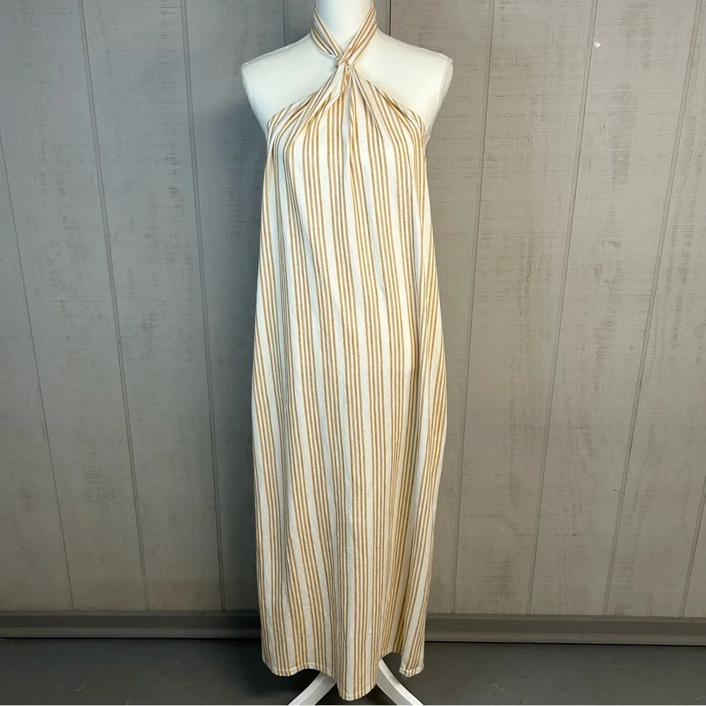 Zara Halter Maxi Dress Womens Size M Cotton Blend Striped NWT Minimalist Coastal